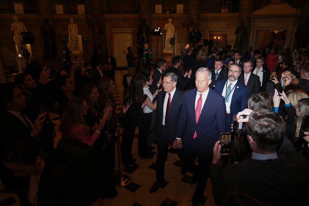 Senate Majority Leader John Thune, R-S.D., arrives before President Donald Trump delivers the State of the Union address to a joint session of Congress in the House chamber at the U.S. Capitol in Washington, Tuesday, Feb. 24, 2026. (AP Photo/Allison Robbert)