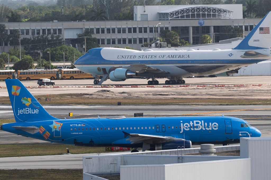 FILE -A JetBlue passenger jet, front, taxis at Palm Beach International Airport, Sunday, March 30, 2025, in West Palm Beach, Fla. (AP Photo/Manuel Balce Ceneta, File)