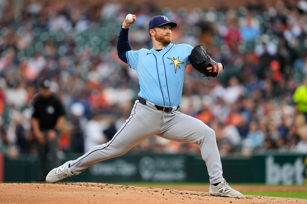 Tampa Bay Rays pitcher Drew Rasmussen throws against the Detroit Tigers during the first inning of a baseball game Monday, Aug. 24, 2026, in Detroit. (AP Photo/Paul Sancya)