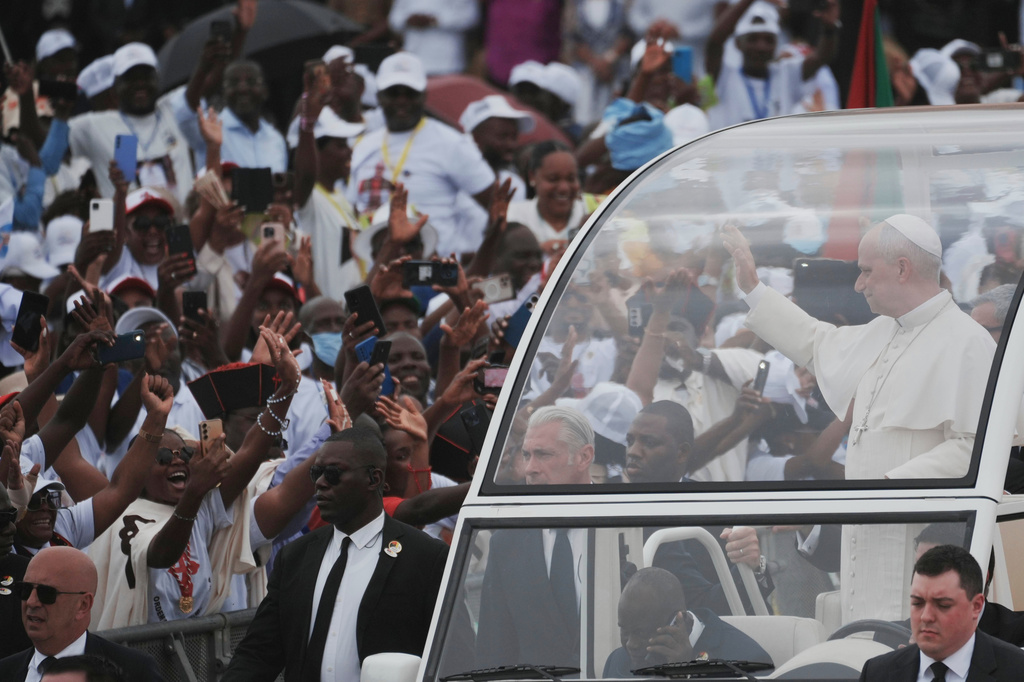 Pope Leo XIV arrives in Kilamba, some 30 kilometers south of Luanda, Angola, to preside over Sunday Mass, Sunday, April 19, 2026, on the seventh day of an 11-day apostolic journey to Africa. (AP Photo/Andrew Medichini)