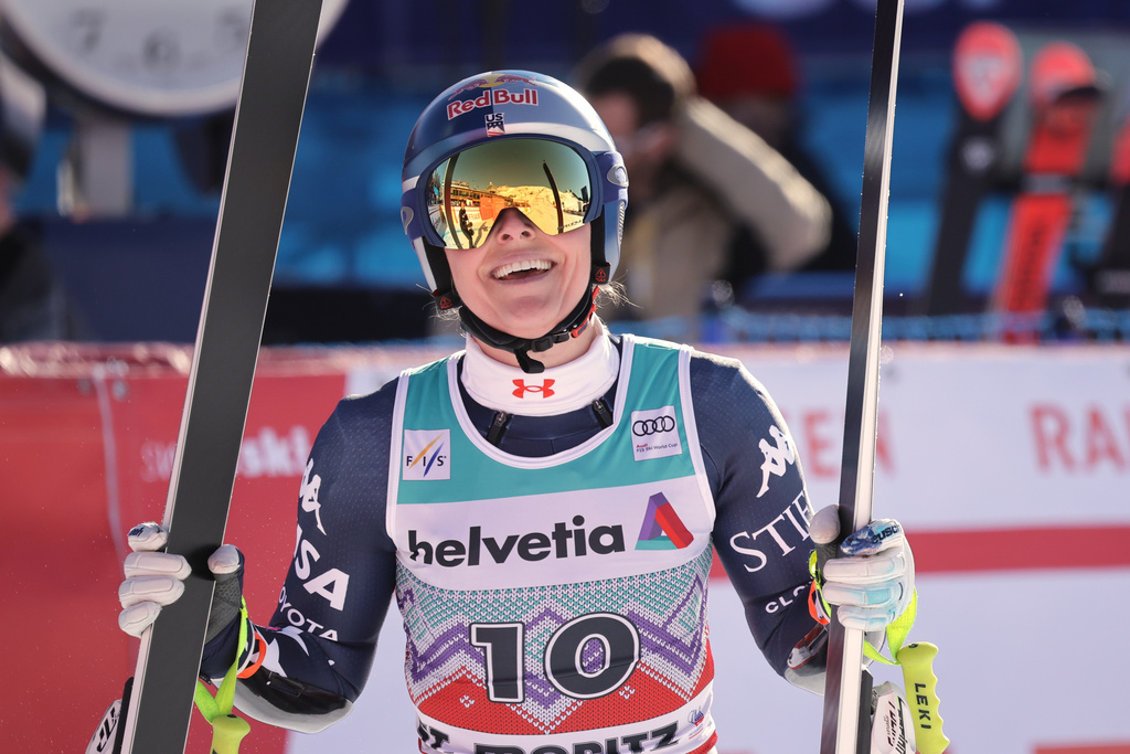 United States' Lindsey Vonn reacts after completing an alpine ski, women's World Cup super-G event, in St. Moritz, Switzerland, Sunday Dec. 14, 2025. (AP Photo/Luciano Bisi)