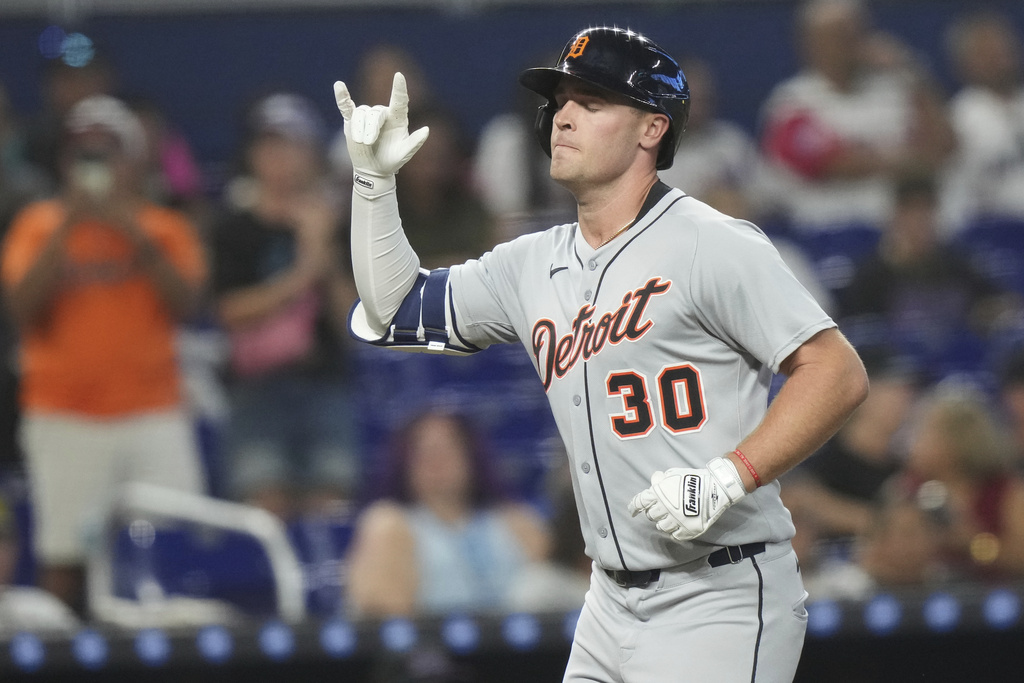 Detroit Tigers' Kerry Carpenter (30) runs the bases after hitting a two run home run during the third inning of a baseball game against the Miami Marlins, Saturday, Sept. 13, 2025, in Miami. (AP Photo/Lynne Sladky)