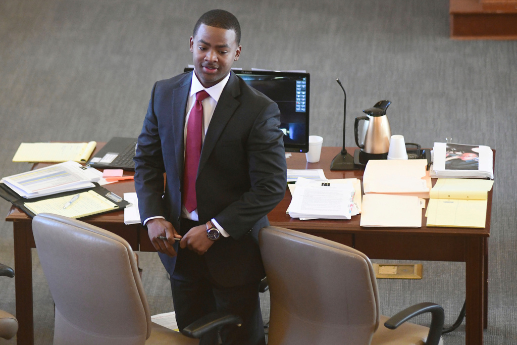 FILE - Sheldon Timothy Herrington Jr., who is on trial on a capital murder charge in the 2022 death of University of Mississippi student Jimmie "Jay" Lee, looks out into the courtroom during the lunch break, in Oxford, Miss. on Dec. 3, 2024. (Bruce Newman/The Northeast Daily Journal via AP, Pool, File)