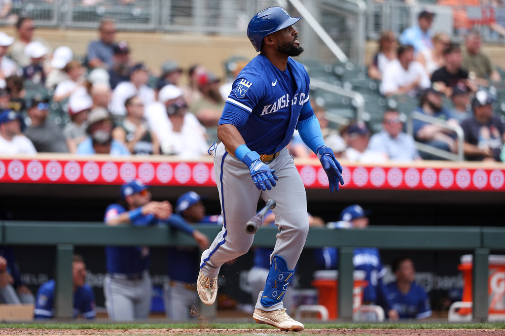 Kansas City Royals designated hitter Starling Marte watches his three-run home run against the Minnesota Twins during the fifth inning of a baseball game, Sunday, June 7, 2026, in Minneapolis. (AP Photo/Matt Krohn)