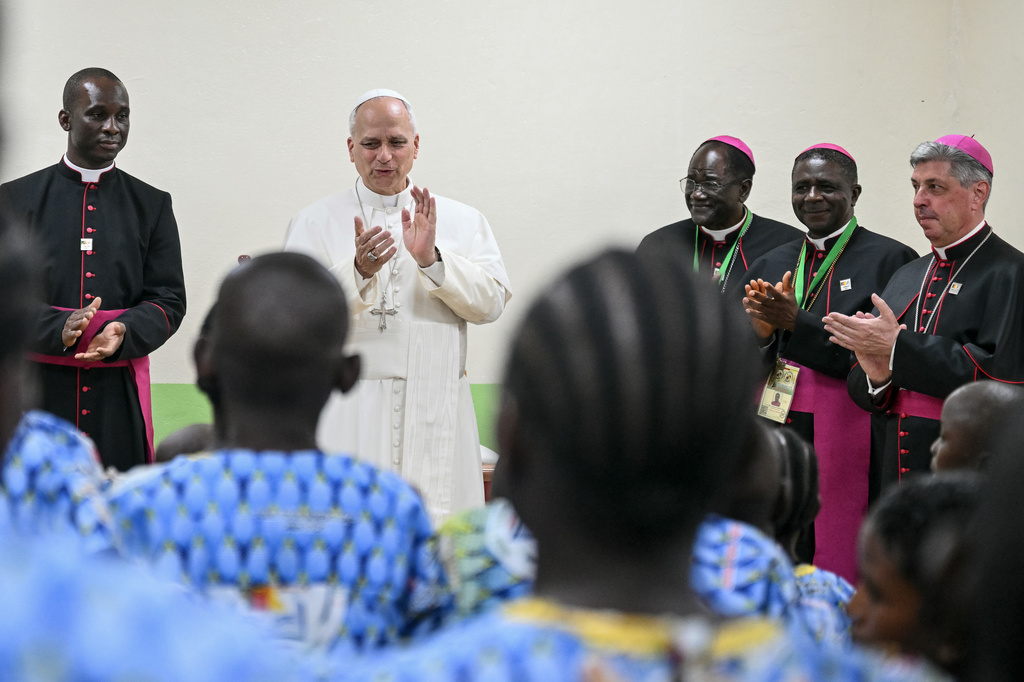 Pope Leo XIV claps hands as he visits the Ngul Zamba (Power of God) orphanage in Yaounde, Cameroon, Wednesday April 15, 2026 on the third day of his apostolic journey to Africa. (Alberto Pizzoli, Pool Photo via AP)