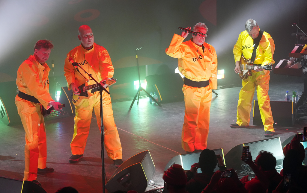 FILE - Gerald Casale, from left, Josh Hager, Mark Mothersbaugh and Bob Mothersbaugh of Devo perform on Jan. 22, 2024, in Park City, Utah. (AP Photo/Chris Pizzello, File)