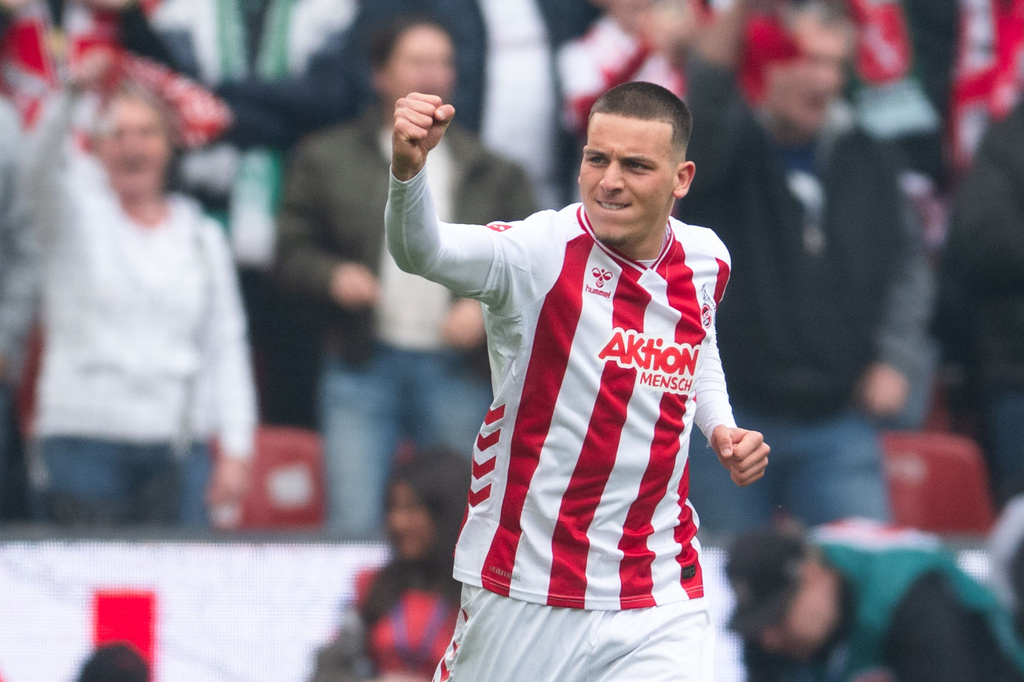 Koln's Said El Mala celebrates after scoring the opening goal during German Bundesliga soccer match between 1. FC Koln and Werder Bremen and Werder Bremen, in Cologne, Germany, Sunday, April 12, 2026. (Marius Becker/dpa via AP)