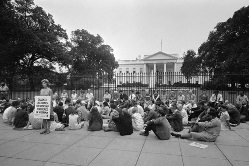 FILE - A delegation of Quakers sits in front of the White House in Washington, July 7, 1969, protesting the war in Vietnam. (AP Photo/Charles Harrity, File) FILE - A delegation of Quakers sits in front of the White House in Washington, July 7, 1969, protesting the war in Vietnam. (AP Photo/Charles Harrity, File)