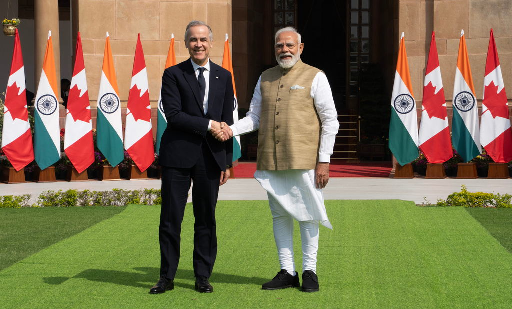 Prime Minister Mark Carney meets Indian Prime Minister Narendra Modi at Hyderabad House in New Delhi, Monday, March 2, 2026. (Adrian Wyld/The Canadian Press via AP)