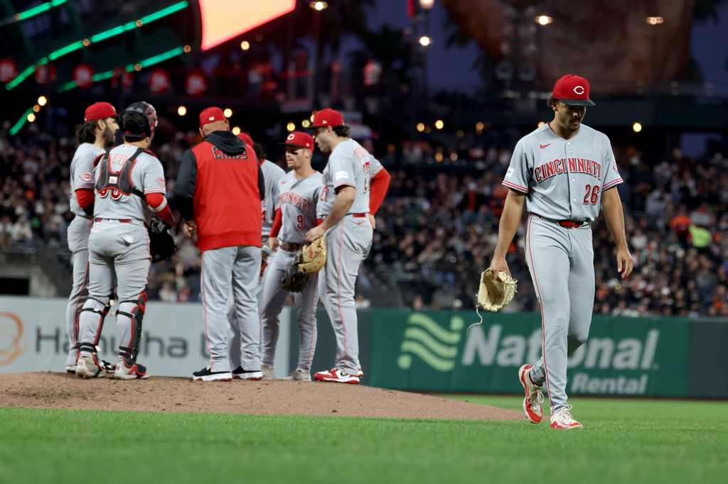 Cincinnati Reds pitcher Chase Burns (26) walks off the mound during the fourth inning of a baseball game against the San Francisco Giants in San Francisco, Monday, Aug. 24, 2026. (AP Photo/Jed Jacobsohn)