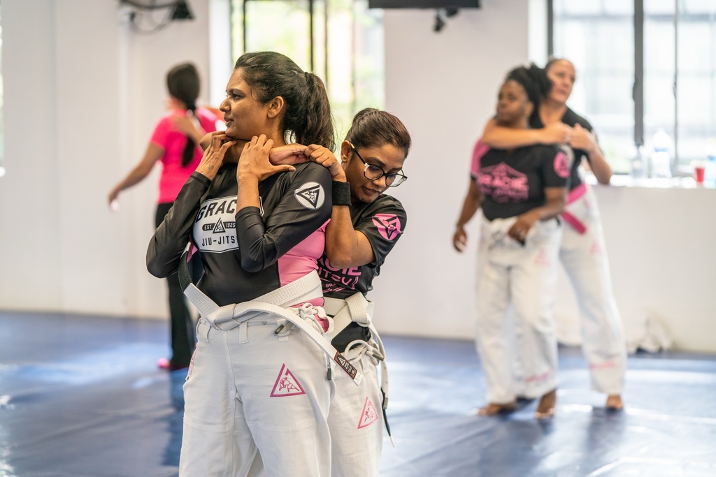 Female students train in self-defense techniques at the Gracie Jiu-jitsu Martial Arts school in Fourways, Johannesburg, Saturday, Jan. 31, 2026. (AP Photo/Jacques Nelles)