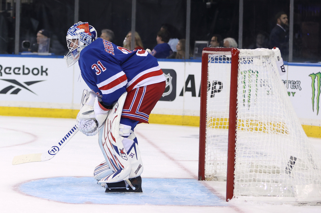 New York Rangers goaltender Igor Shesterkin stands in the goal during the first period of an NHL hockey game against the Tampa Bay Lightning, Thursday, Oct. 1, 2026, in New York. (AP Photo/Pamela Smith)