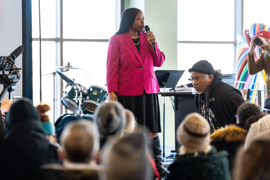 Nekima Levy Armstrong speaks at an anti-ICE rally for Martin Luther King Jr., Monday, Jan. 19, 2026, in St. Paul, Minn. (AP Photo/Angelina Katsanis)