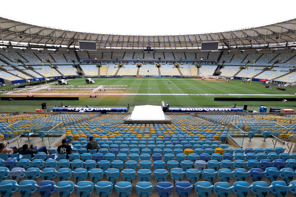 A general view of the interior of the Maracana stadium as workers prepare it for Sunday's NFL game between the Dallas Cowboys and the Baltimore Ravens in Rio de Janeiro, Brazil, Thursday, Sept. 24, 2026. (AP Photo/Gregory Payan)