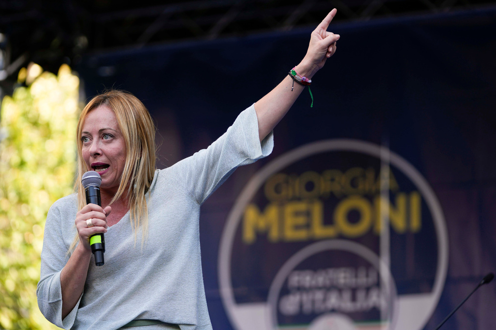 FILE - Right-wing party Brothers of Italy's leader Giorgia Meloni addresses a rally as she starts her political campaign ahead of the Sept. 25 general elections, in Ancona, Italy, Tuesday, Aug. 23, 2022. (AP Photo/Domenico Stinellis, File)