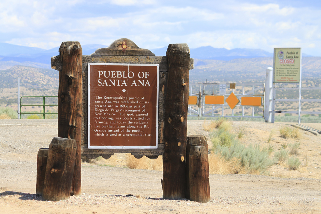A historic marker provides details about the ceremonial village near Santa Ana Pueblo, New Mexico, on Tuesday, June 3, 2025. (AP Photo/Susan Montoya Bryan)