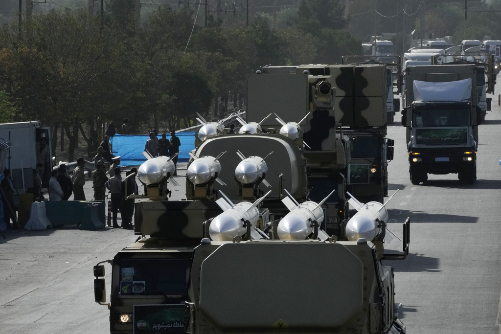FILE—Missiles are displayed by Iranian Revolutionary Guard during an annual armed forces parade in front of the shrine of the late revolutionary founder Ayatollah Khomeini, just outside Tehran, Iran, Sept. 21, 2024. (AP Photo/Vahid Salemi, File)