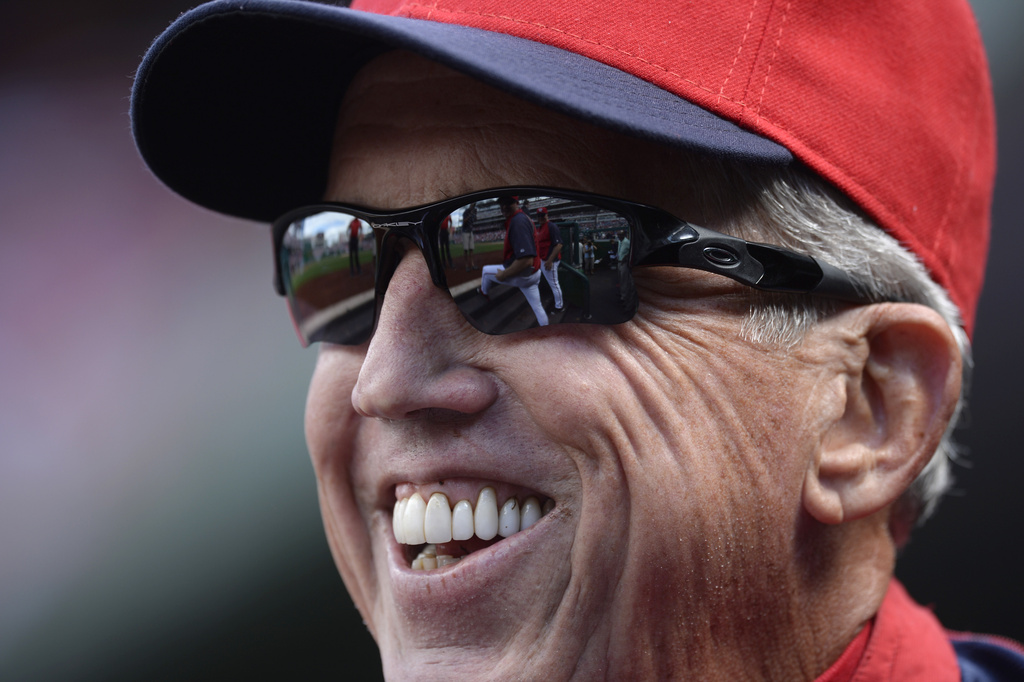 FILE - Washington National manager Davey Johnson laughs before a baseball game against the Miami Marlins at Nationals Park in Washington, Sunday, Sept. 22, 2013. (AP Photo/Susan Walsh, File)