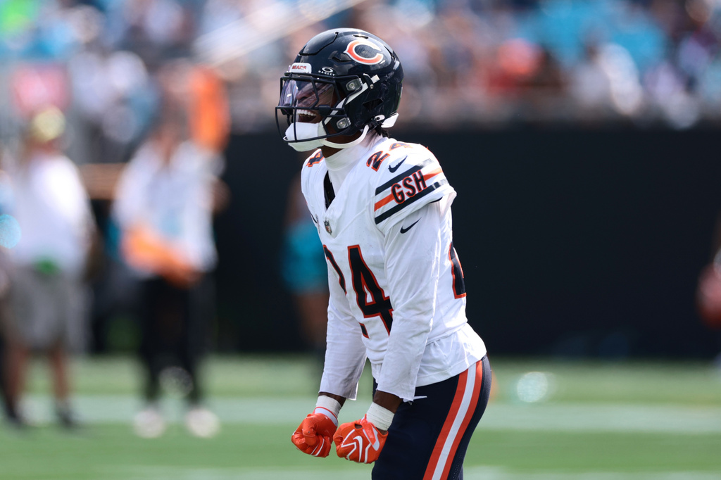 Chicago Bears cornerback Malik Muhammad (24) reacts after a play during the first half of an NFL football game, Sunday, Sept. 13, 2026, in Charlotte, N.C. (AP Photo/Scott Kinser)