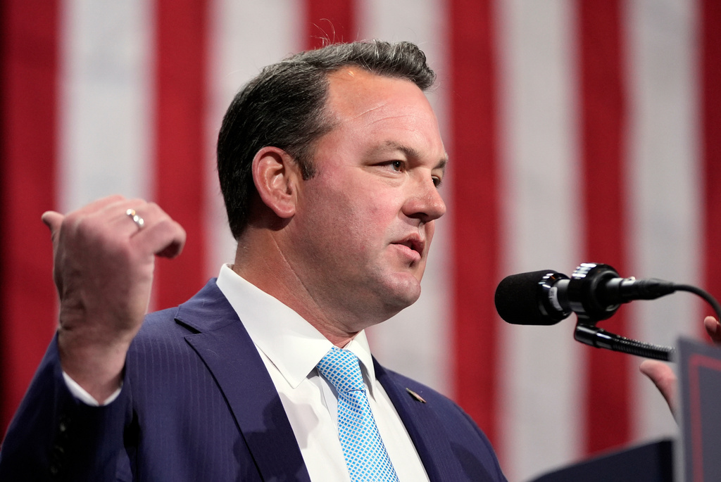 FILE - Georgia Lt. Gov. Burt Jones speaks about Republican presidential nominee former President Donald Trump at a campaign event at the Cobb Energy Performing Arts Centre, Oct. 15, 2024, in Atlanta. (AP Photo/Alex Brandon, File)