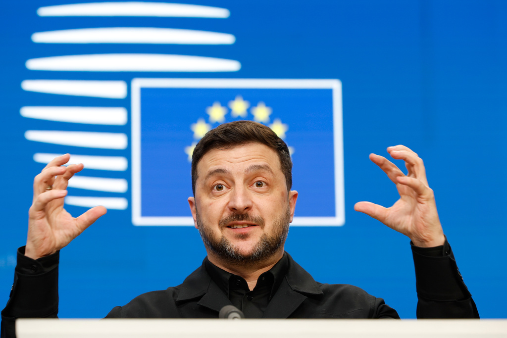 Ukraine's President Volodymyr Zelenskyy speaks during a media conference at the EU Summit in Brussels, Thursday, Dec. 18, 2025. (AP Photo/Geert Vanden Wijngaert)