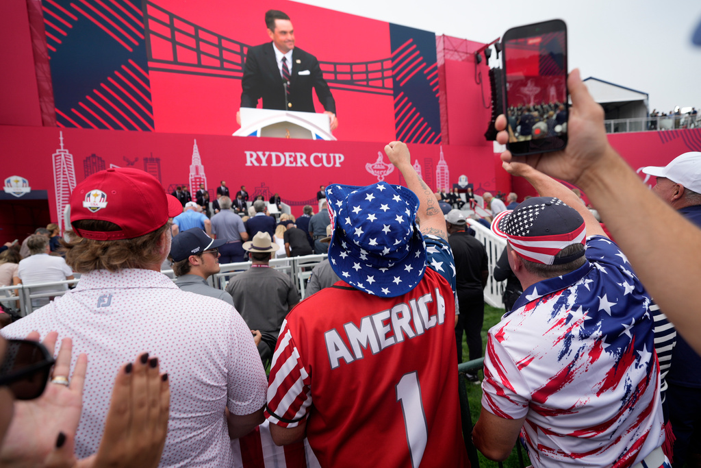 United States captain Keegan Bradley speaks during the opening ceremonies for the Ryder Cup golf tournament, Wednesday, Sept. 24, 2025, on the Bethpage Black golf course, in Farmingdale, N.Y. (AP Photo/Robert Bukaty)