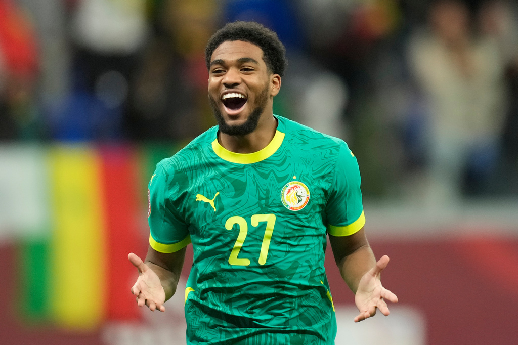 FILE - Senegal's Ibrahim Mbaye celebrates after scoring during the Africa Cup of Nations best of 16 soccer match between Senegal and Sudan in Tangier, Morocco, Saturday, Jan. 3, 2026. (AP Photo/Mosa'ab Elshamy, File)