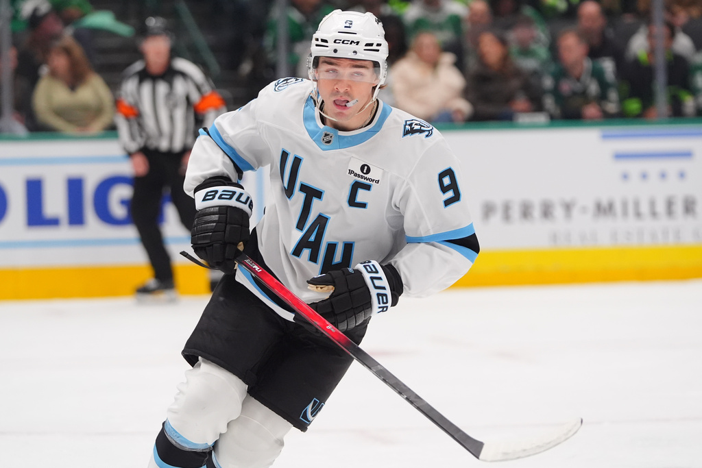 Utah Mammoth right wing Clayton Keller skates during the first period of an NHL hockey game against the Dallas Stars, Friday, Nov. 28, 2025, in Dallas. (AP Photo/LM Otero)