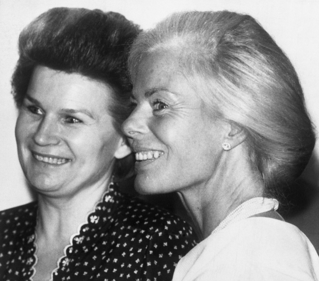 FILE - Britain's Katharine, Duchess of Kent, right, and Valentina Tereshkova, the first woman in space, and then President of the Soviet Women's Committee, chat together at the Women of the Year luncheon, at London's Savoy Hotel on Oct. 22, 1984. (AP Photo/John Redman, file)