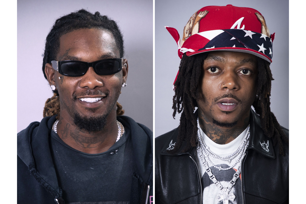 This combination of images shows Offset, left, and JID during a portrait session on Tuesday, Aug. 5, 2025, in New York. (Photo by Andy Kropa/Invision/AP)