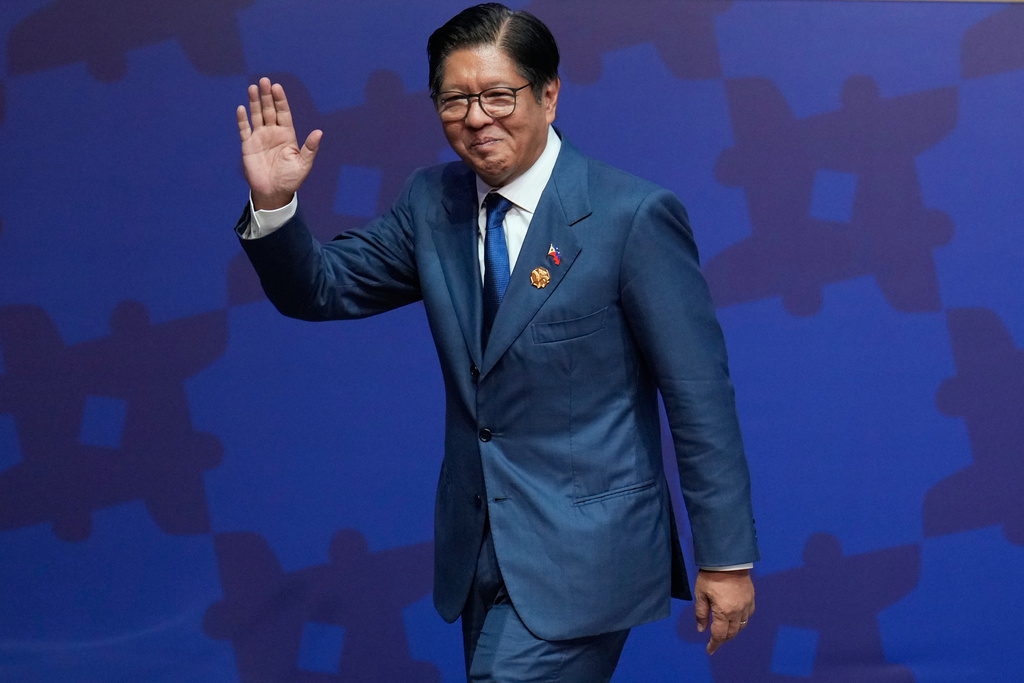 FILE - Philippine President Ferdinand Marcos Jr., waves during his keynote speech at the Asia-Pacific Economic Cooperation (APEC) CEO summit in Gyeongju, South Korea, Friday, Oct. 31, 2025. (AP Photo/Ng Han Guan, File)