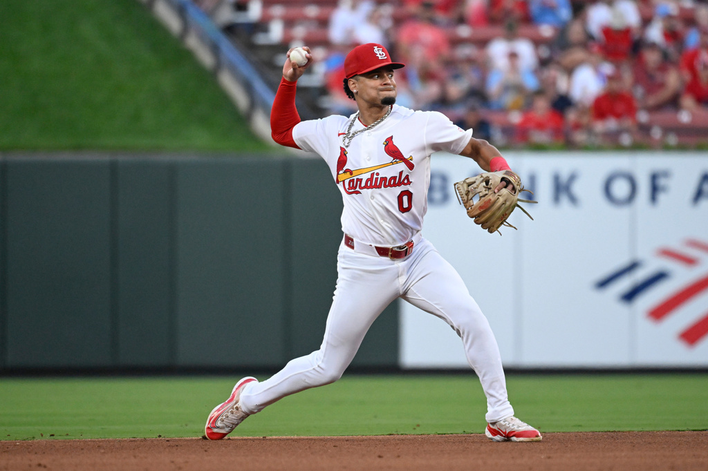 St. Louis Cardinals shortstop Masyn Winn throws out San Diego Padres' Gavin Sheets at first base in the fifth inning of a baseball game, Tuesday, June 16, 2026, in St. Louis. (AP Photo/Joe Puetz)