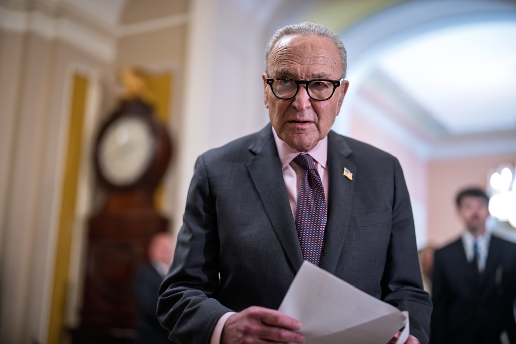Senate Minority Leader Chuck Schumer, D-N.Y., talks to reporters about Democratic efforts to push back on President Donald Trump's policies, at the Capitol in Washington, Tuesday, June 2, 2026. (AP Photo/J. Scott Applewhite)
