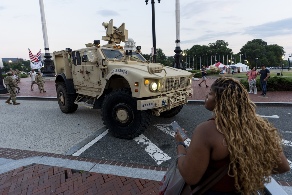 District of Columbia National Guard soldiers move their M-ATV at Union Station in Washington, Friday, Aug. 15, 2025, in Washington. (AP Photo/Alex Brandon)
