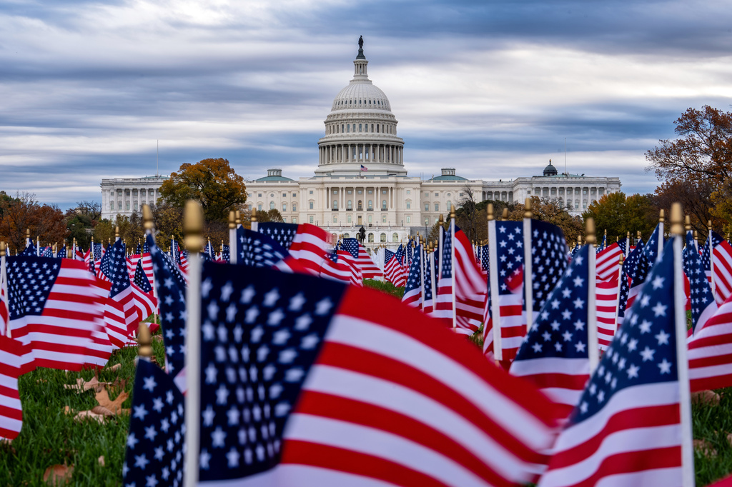 FILE - Miniature American flags flutter in wind gusts across the National Mall near the Capitol in Washington, Nov. 10, 2025. (AP Photo/J. Scott Applewhite, File)