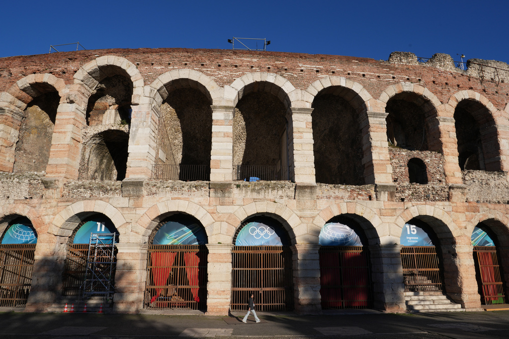 A view of the Arena ahead of the closing ceremony at the 2026 Winter Olympics, in Verona, Italy, Tuesday, Feb. 17, 2026. (AP Photo/Antonio Calanni)