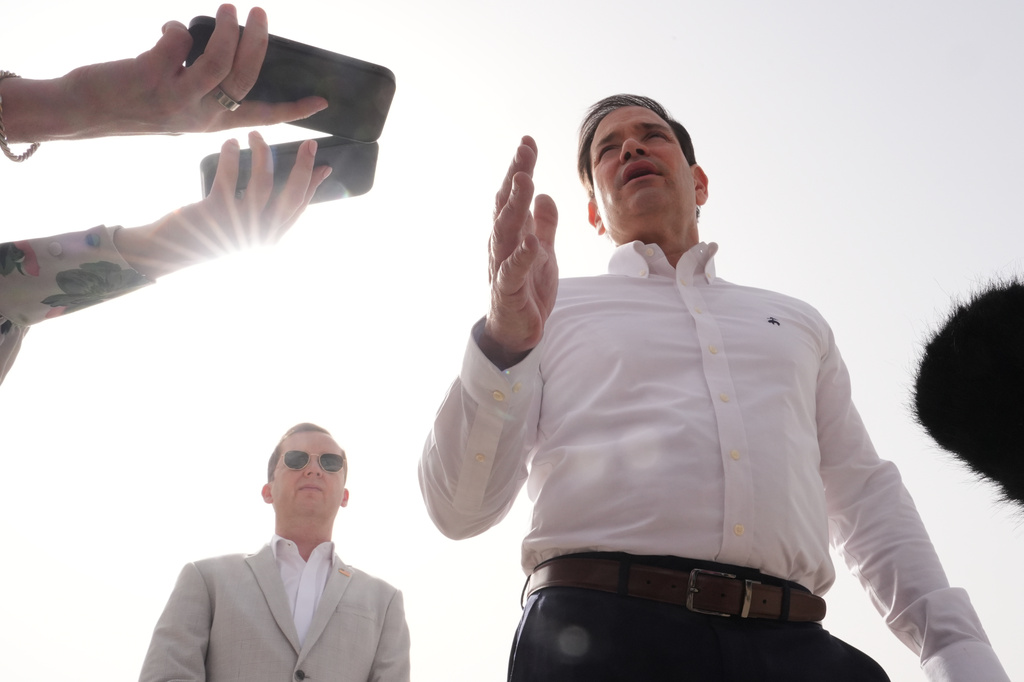 United States Secretary of State Marco Rubio speaks to the journalists before boarding his plane at Indira Gandhi International Airport in New Delhi, India, Monday, May 25, 2026. (AP Photo/Julia Demaree Nikhinson, Pool)