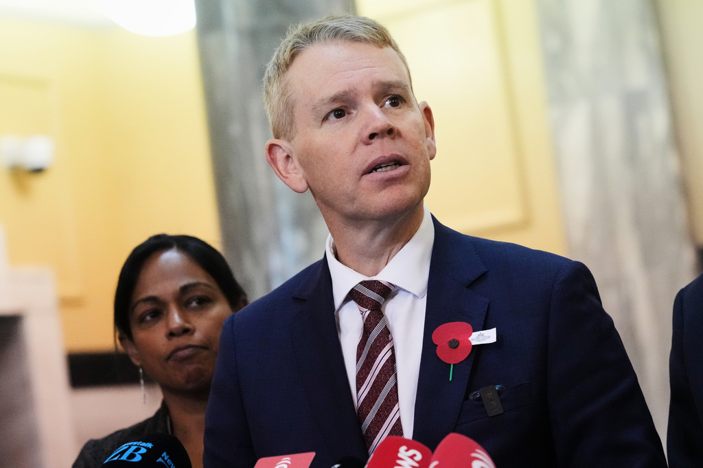 FILE - New Zealand Labour Party leader Chris Hipkins speaks to reporters at Parliament in Wellington, New Zealand, April 23, 2026. (AP Photo/Charlotte Graham-McLay, File)