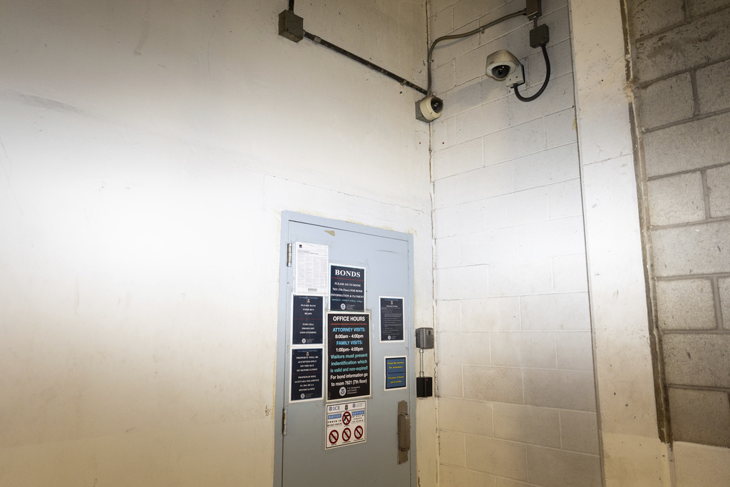 Surveillance cameras hang above the entrance to a U.S. Immigration and Customs Enforcement facility known as "B-18," where immigration hearings take place, in Los Angeles, Friday, July 25, 2025. (AP Photo/Jae C. Hong)