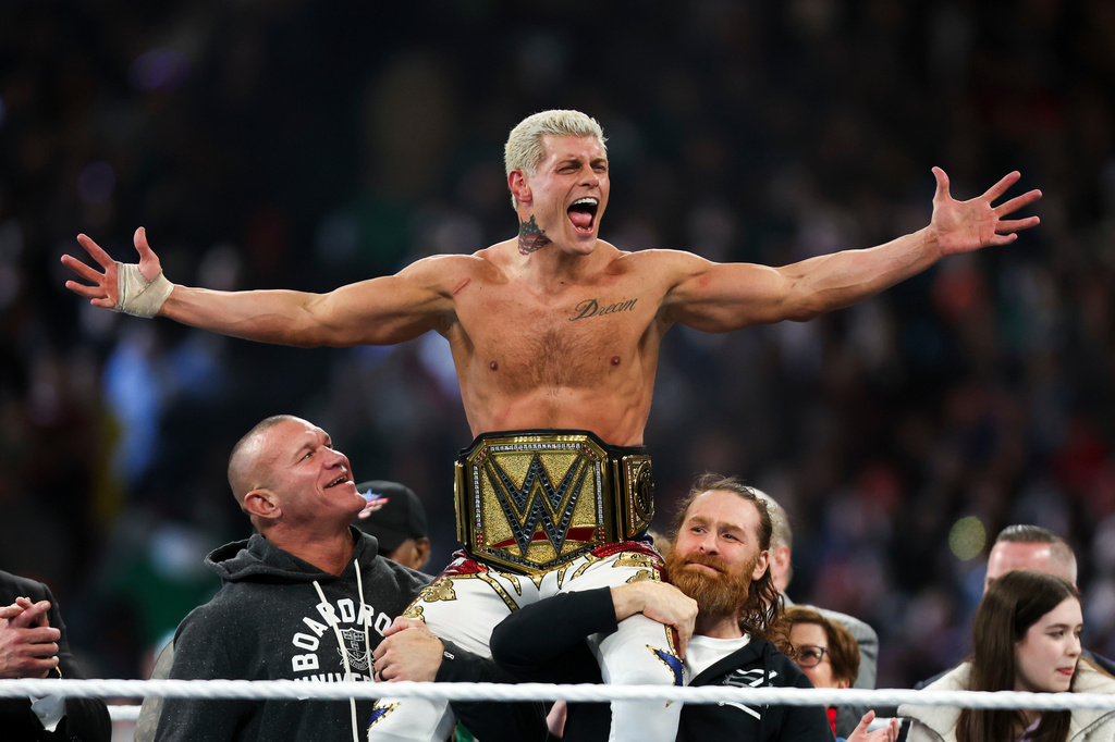 FILE - Cody Rhodes celebrates after winning the Undisputed WWE universal championship match during WrestleMania 40 in Philadelphia, on April 7, 2024. (Monica Herdon/The Philadelphia Inquirer via AP, File)