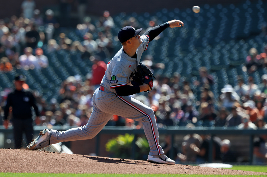 Minnesota Twins pitcher Connor Prielipp throws against the San Francisco Giants during the first inning of a baseball game in San Francisco, Wednesday, Sept. 23, 2026. (AP Photo/Jed Jacobsohn)