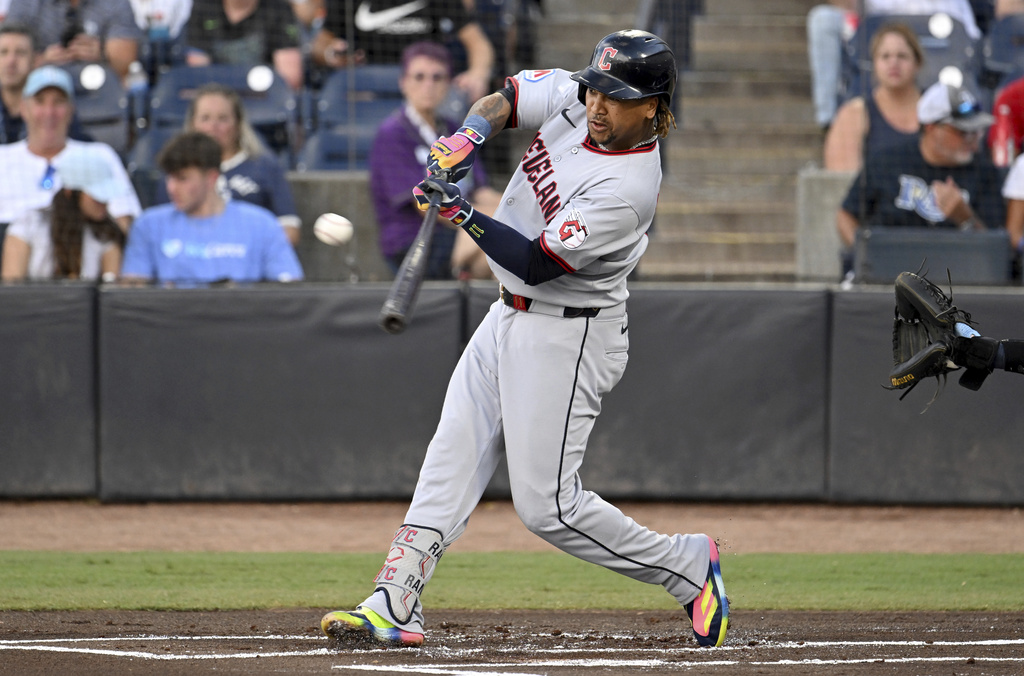 Cleveland Guardians' José Ramírez doubles during the first inning of a baseball game against the Tampa Bay Rays, Saturday, Sept. 6, 2025, in Tampa, Fla. (AP Photo/Jason Behnken)