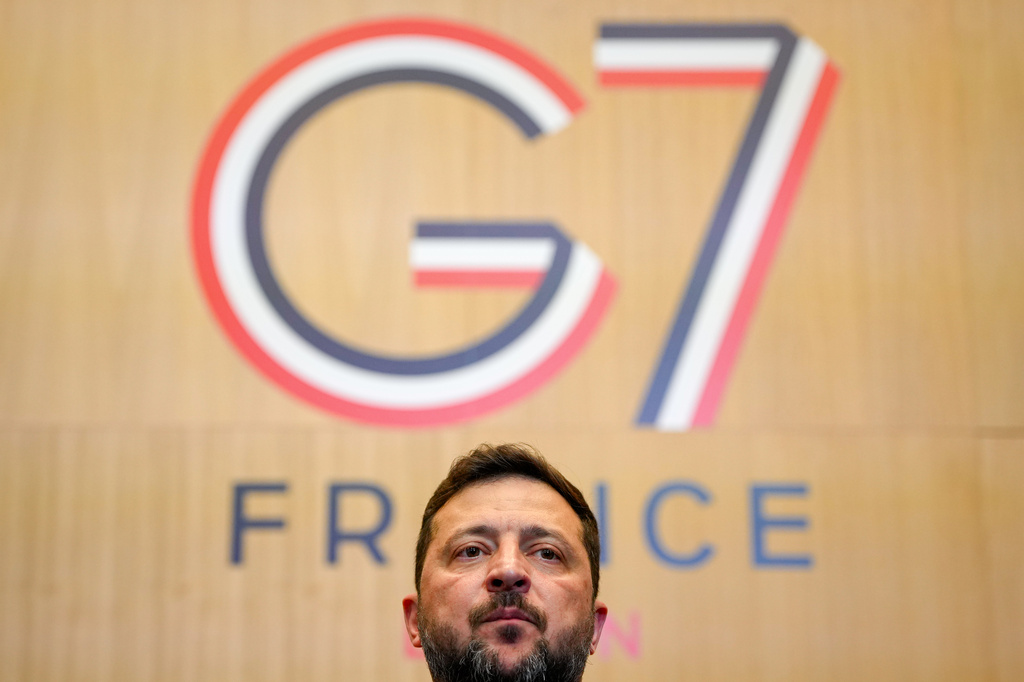 Ukrainian President Volodymyr Zelenskyy attends the G7 summit in Evian-les-Bains, France, Tuesday, June 16, 2026. (AP Photo/Vadim Ghirda)