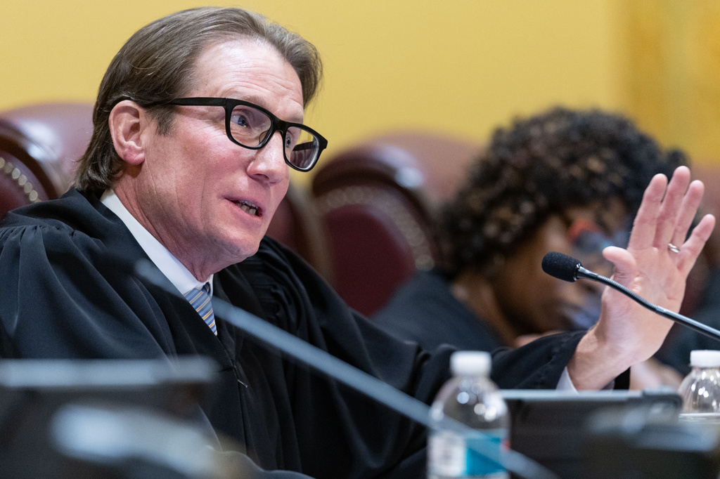 Chief Justice of the Missouri Supreme Court W. Brent Powell speaks during the contempt hearing of Missouri Secretary of State Denny Hoskins at the Missouri Supreme Court in Jefferson City, Mo., Thursday, Sept. 10, 2026. (Liz Rymarev/St. Louis Post-Dispatch via AP, Pool)