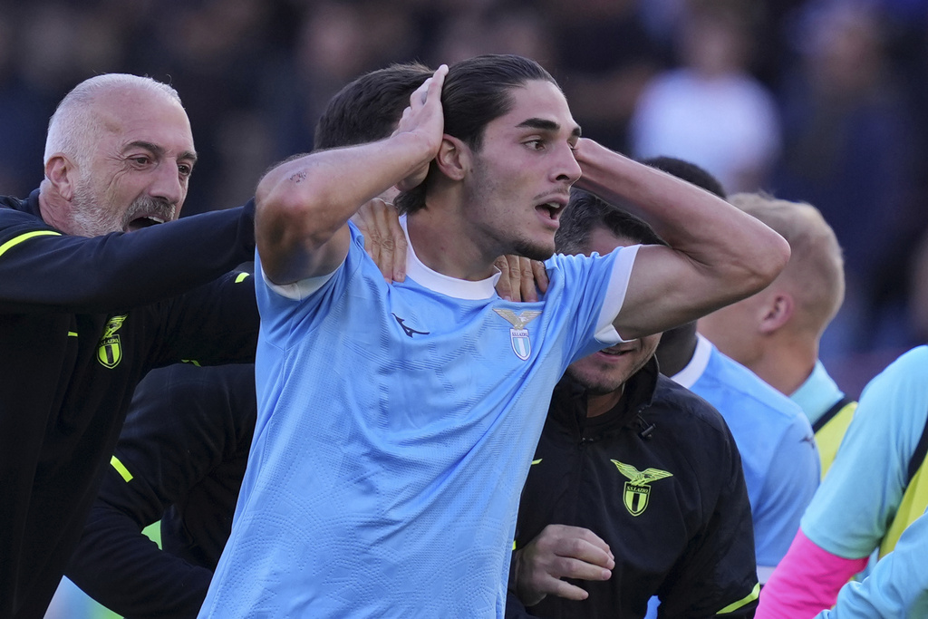 Lazio's Matteo Cancellieri celebrates scoring his side's second goal during a Serie A soccer match between Lazio and Torino at the Rome's Olympic stadium, Saturday, Oct. 4, 2025. (Alfredo Falcone/LaPresse via AP)