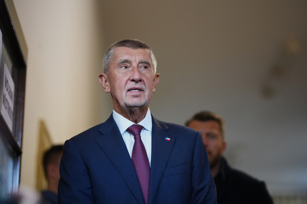 Chairman of opposition "ANO" (YES) movement Andrej Babis arrives to cast his ballot or a general election at a polling station in Ostrava, Czech Republic, Friday, Oct. 3, 2025. (AP Photo/Petr David Josek)