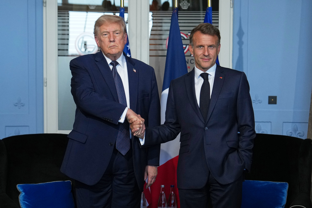 President Donald Trump meets with French President Emmanuel Macron during a bilateral meeting on the sidelines of the G7 summit, Monday, June 15, 2026, in Evian-les-Bains, France. (AP Photo/Julia Demaree Nikhinson)