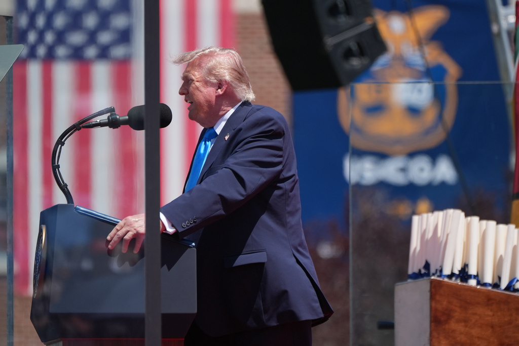 President Donald Trump speaks during the commencement address at the U.S. Coast Guard Academy, in New London, Conn., Wednesday, May 20, 2026. (AP Photo/Jacquelyn Martin)