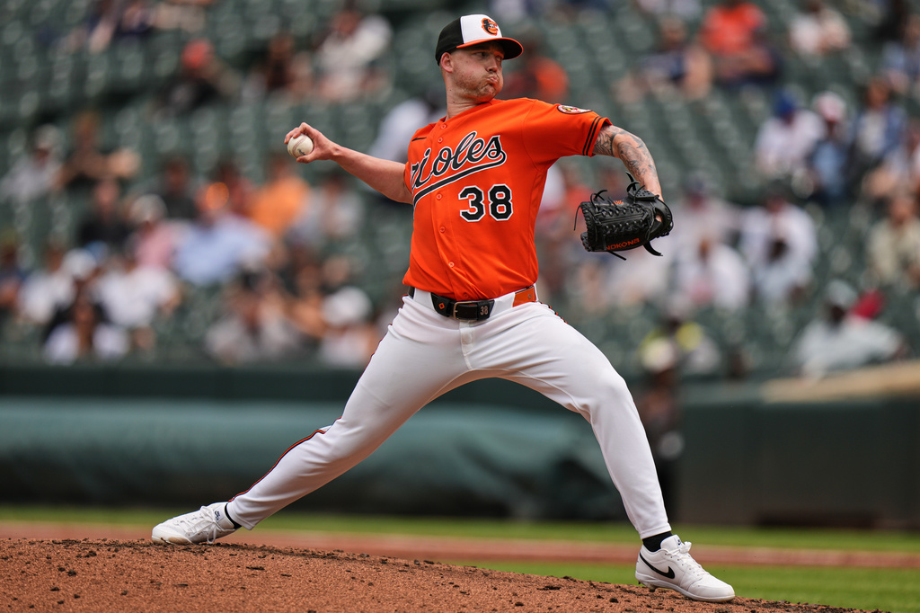 Baltimore Orioles starting pitcher Kyle Bradish (38) delivers during the third inning of a baseball game against the New York Yankees, Wednesday, May 13, 2026, in Baltimore. (AP Photo/Stephanie Scarbrough)