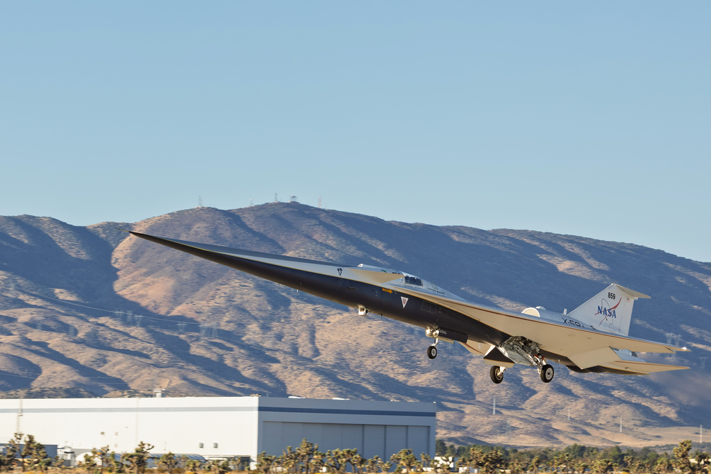 This photo provided by Lockheed Martin shows the first flight of the X-59 jet plane, which was built by NASA and Lockheed Martin and can move faster than the speed of sound, on Oct. 28, 2025, in Palmdale, Calif. (Garry Tice/Lockheed Martin via AP)